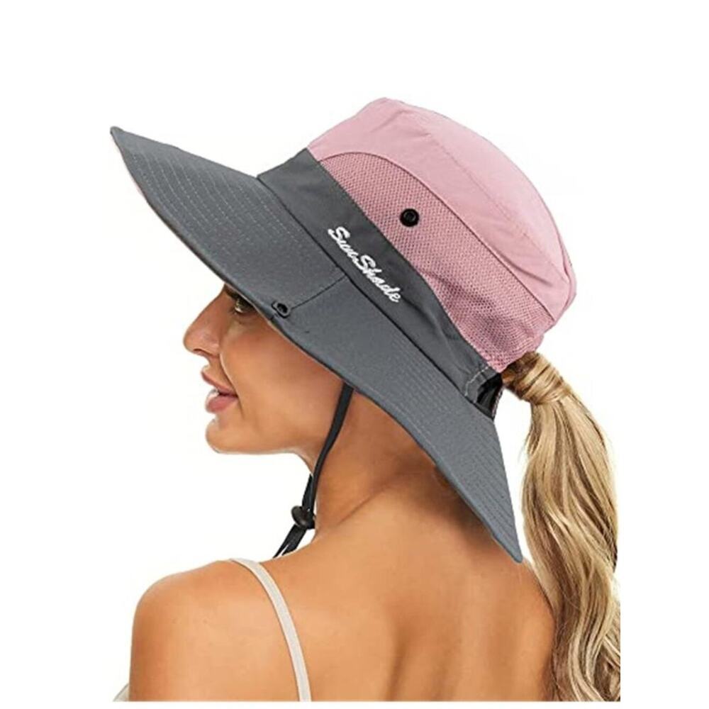 2 Pack Summer Sun-Hat Ponytail - Outdoor UV-Protection Mesh Wide Brim Foldable